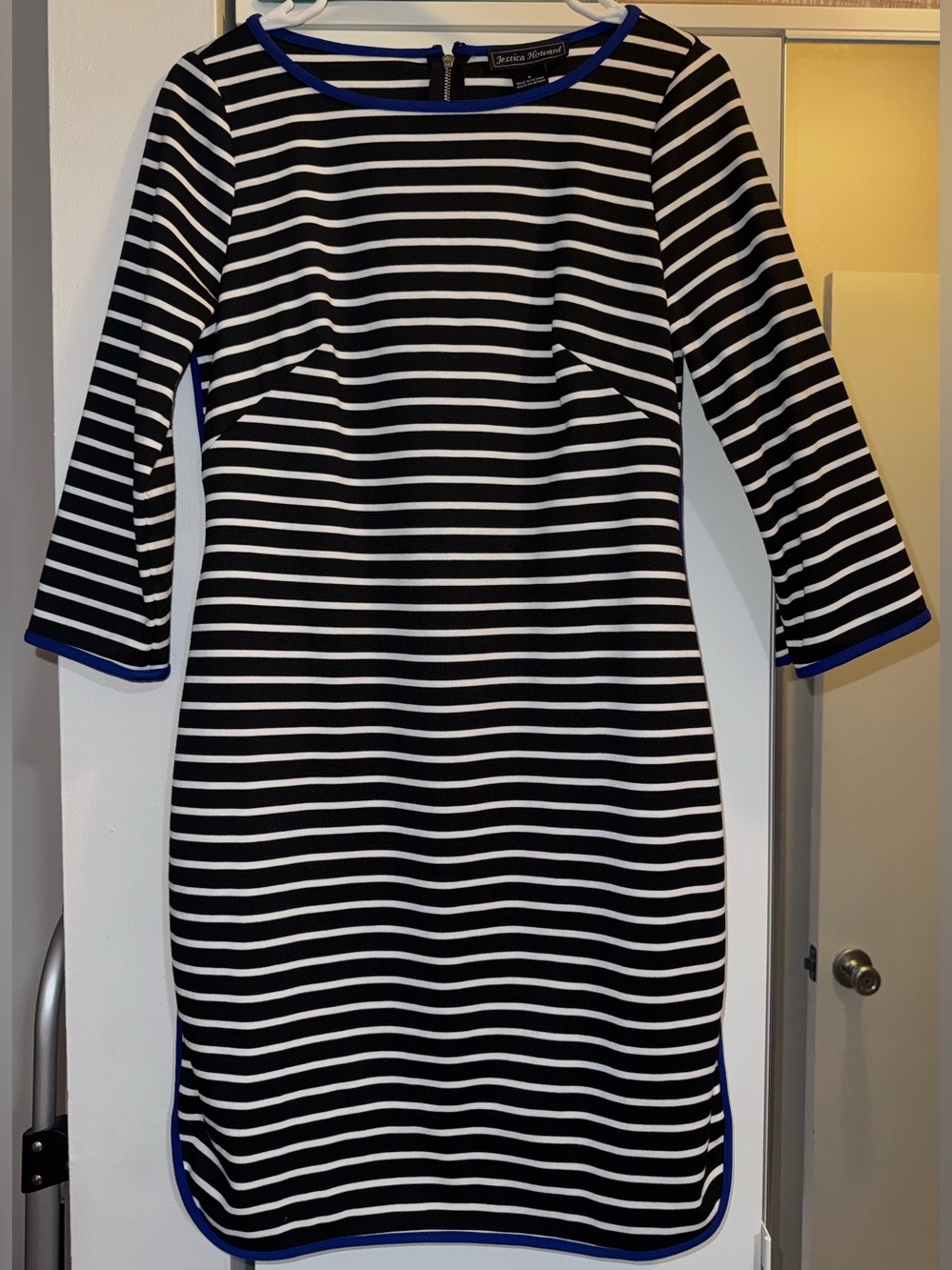 Jessica Howard Black and White Striped Dress With Blue Trim Size 6